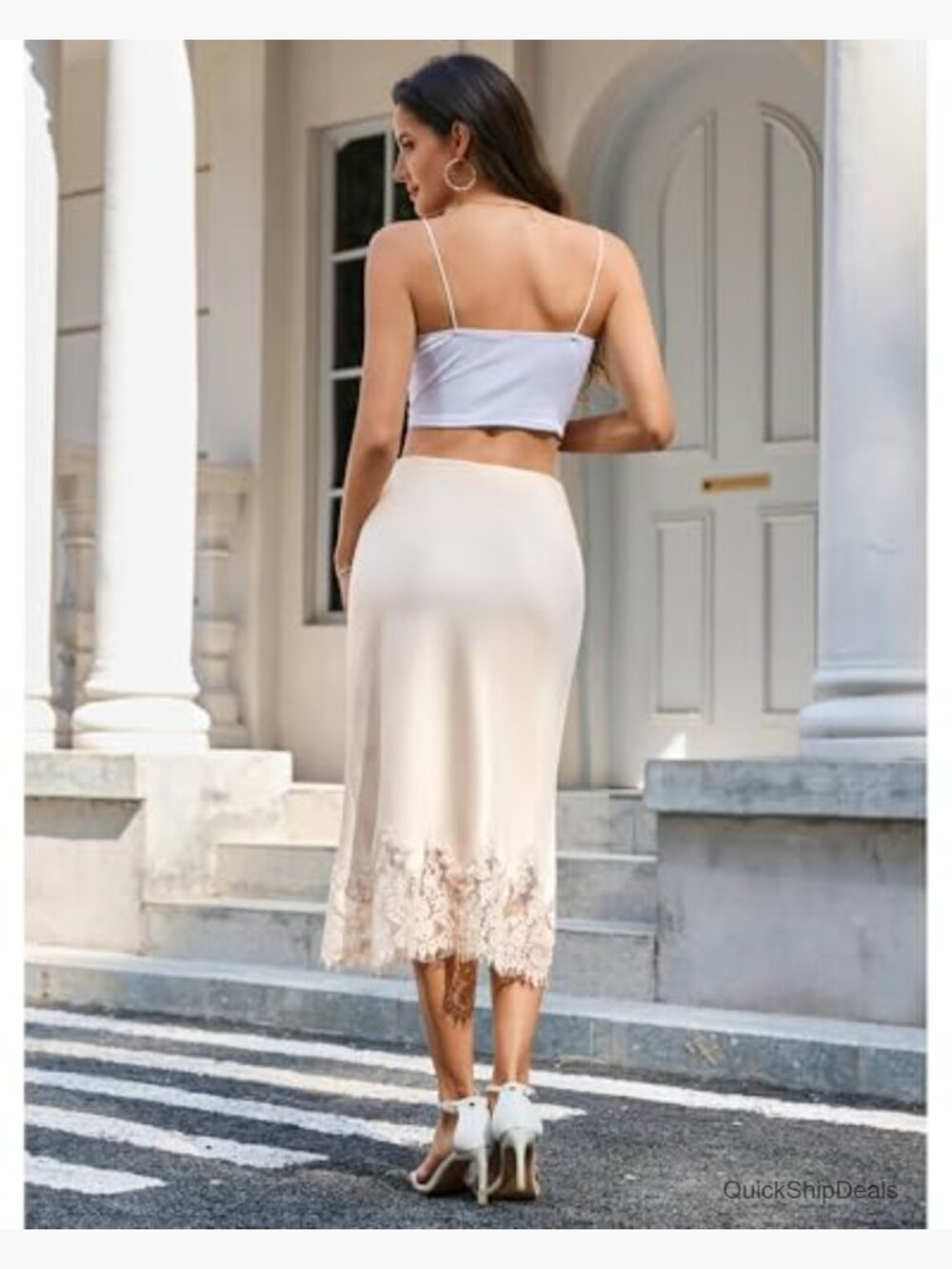 Satin Midi Skirt with Lace Trim, A-Line Elastic Waist for Work or Party - Picture 2 of 7